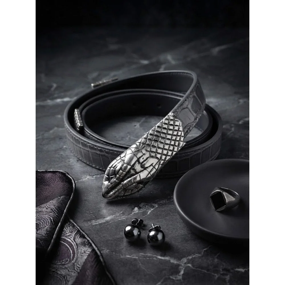 Avignon Snake Head Belt ML Black Crocodile Embossed Leather Silver Hardware